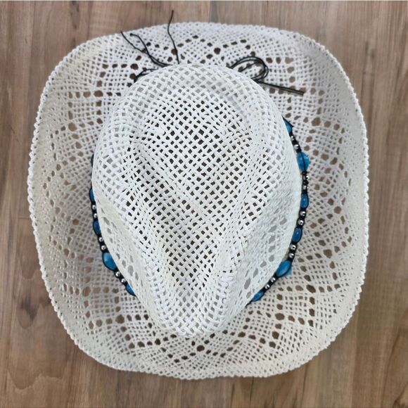 ?NIB White & Turquoise Beaded Straw Cowgirl Hat main image 6